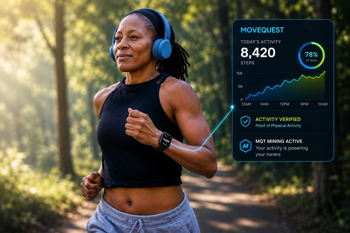 Woman running outdoors wearing blue headphones with a fitness tracker on her wrist showing 8,420 steps, with a MoveQuest activity panel beside her confirming activity verified and MQT mining active